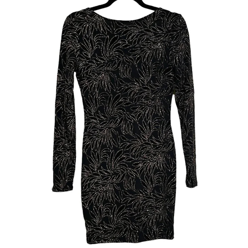 NWT CRYSTAL SKY Boutique Low Back Gold Detail Body Con Mini Dress - size Small